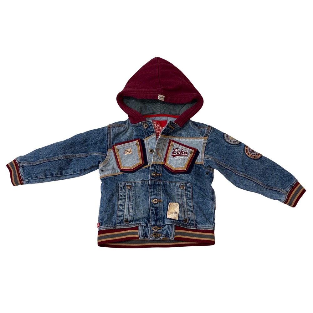 Ecko Unltd Boys Hooded Denim Jacket Blue Maroon Embroidered EU Foundry‎ Size 4